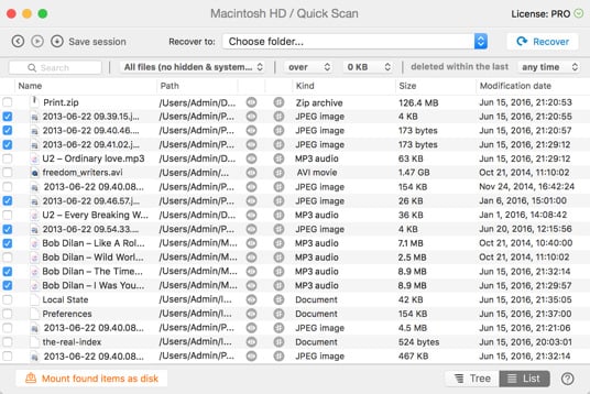 Quick Scan восстанавливает файлы на вашей Mac OS X