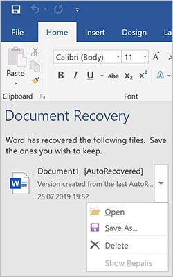 recover word document via AutoRecover Tool