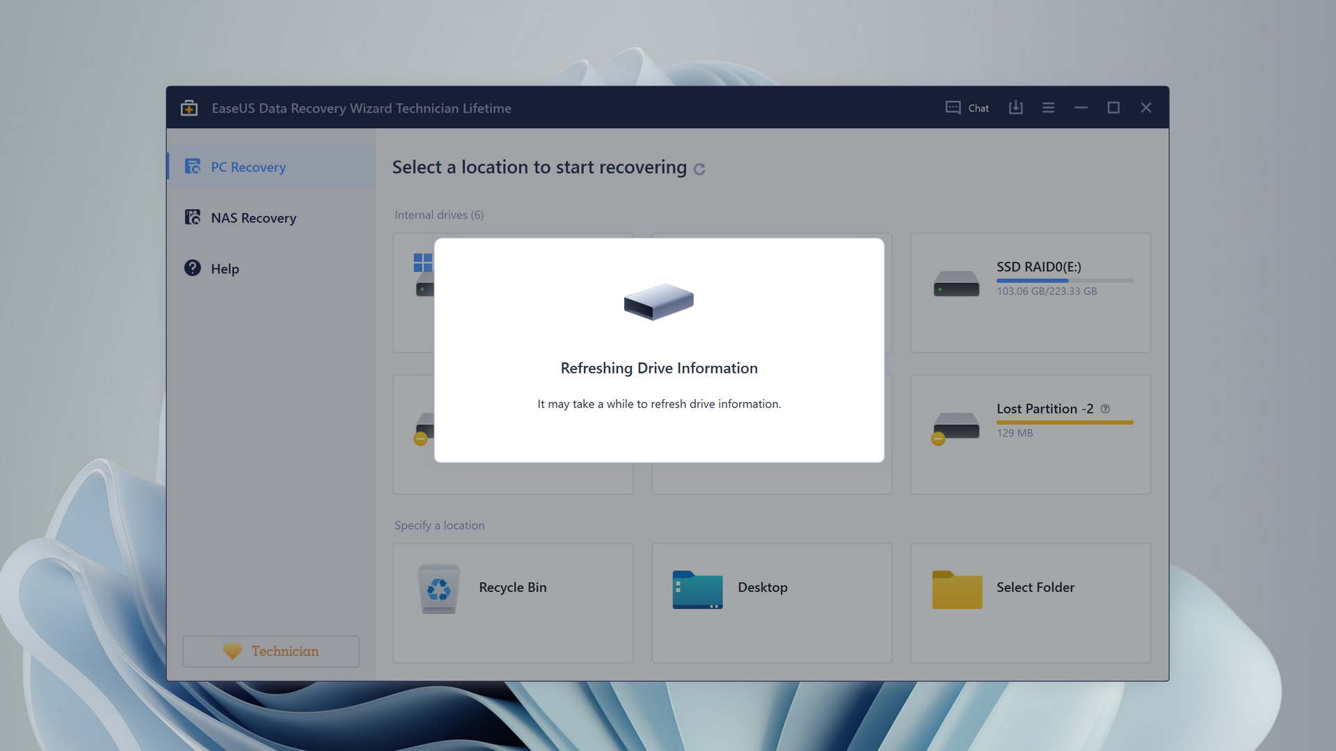 easeus data recovery wizard refreshing drive list