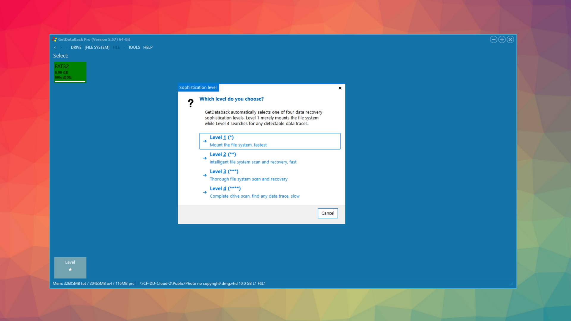 getdataback pro choose data recovery level