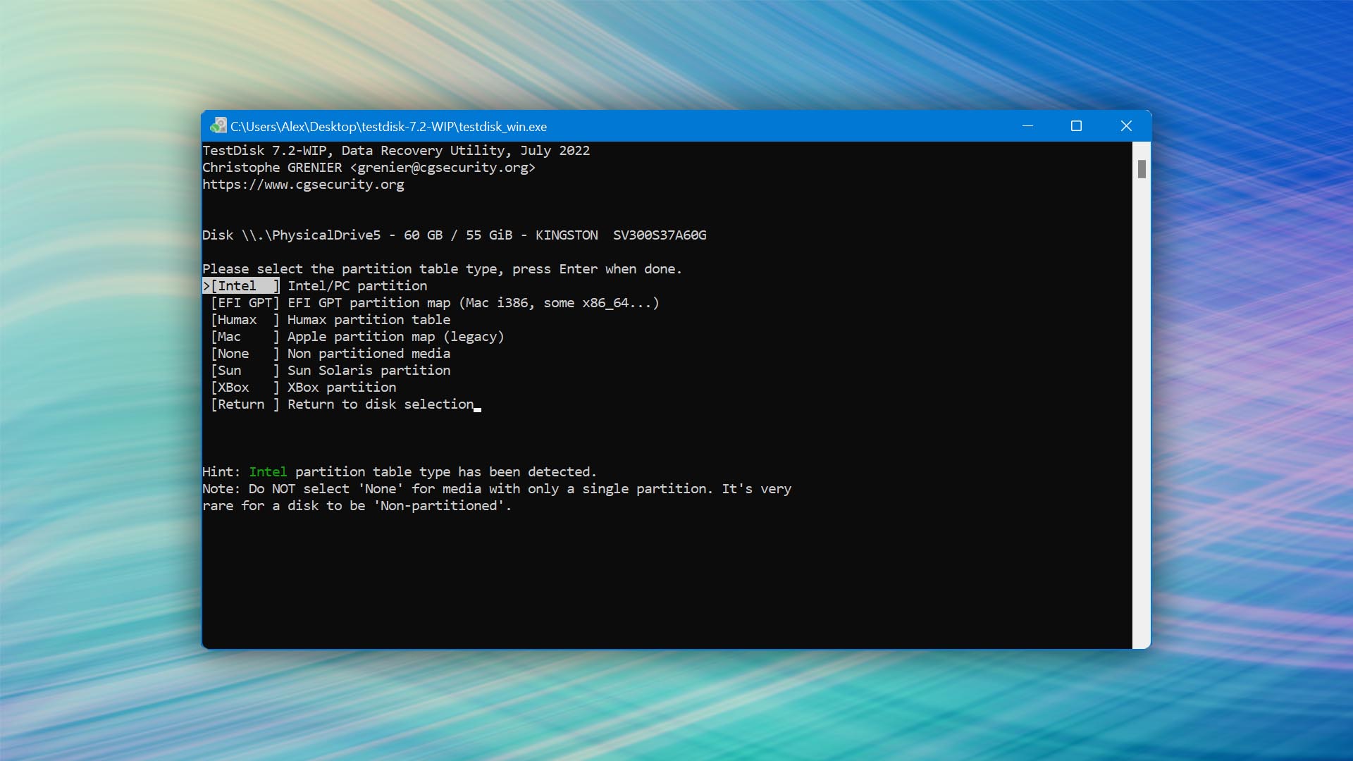 testdisk select partition table type