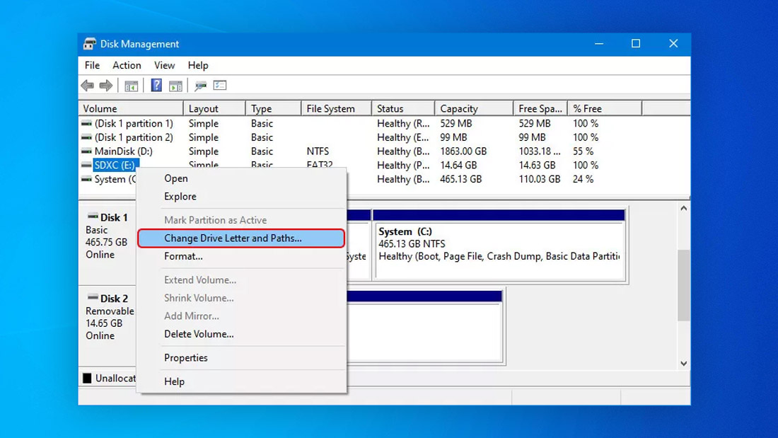 change drive letter and path for sdxc card windows