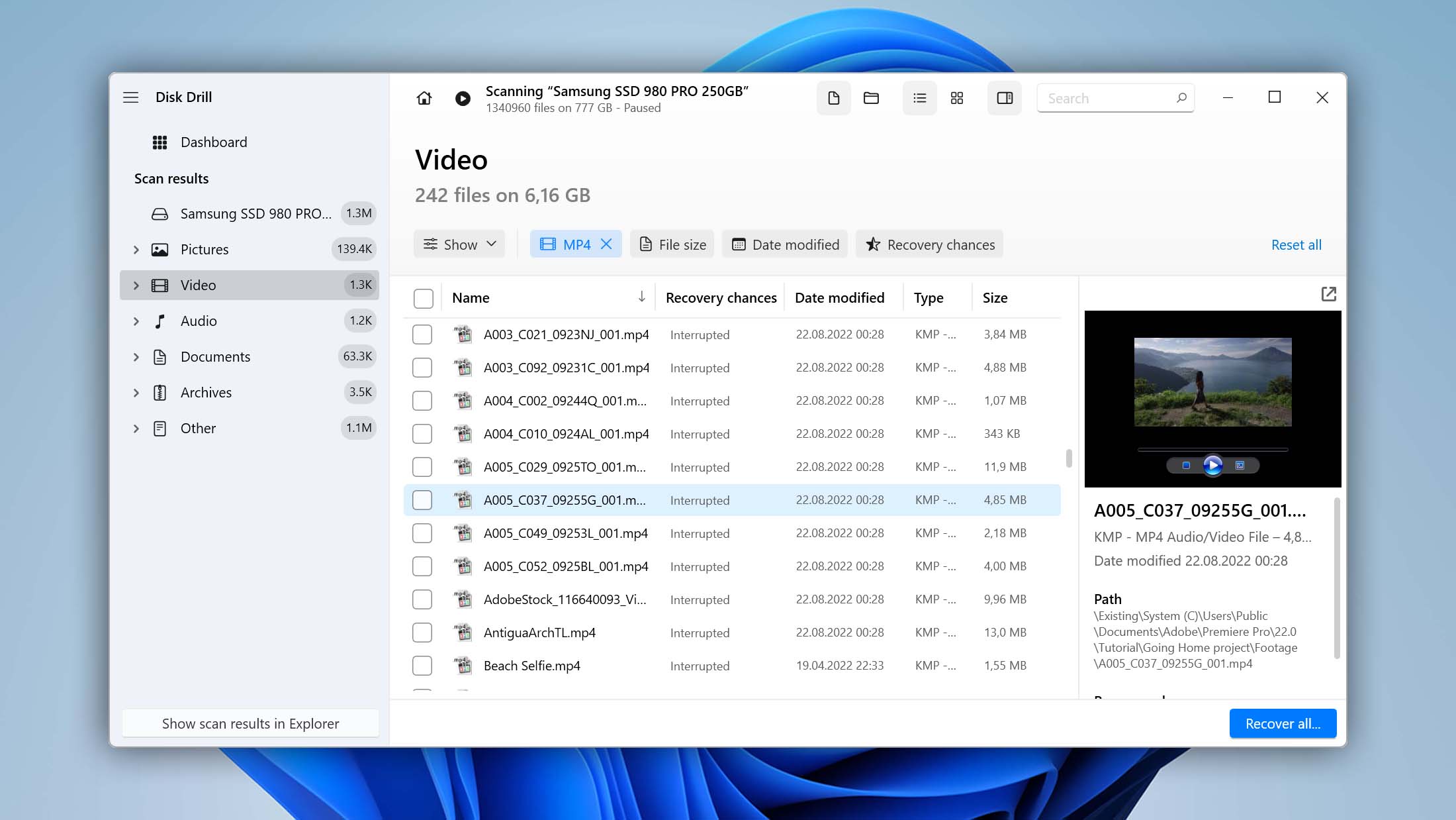 select files and restore them