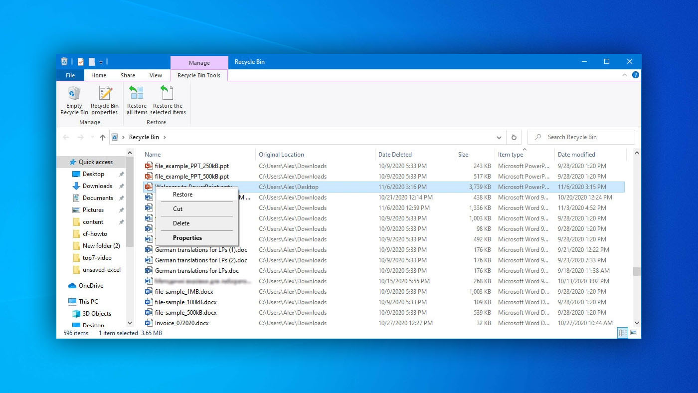 Restore PowerPoint files from Recycle Bin