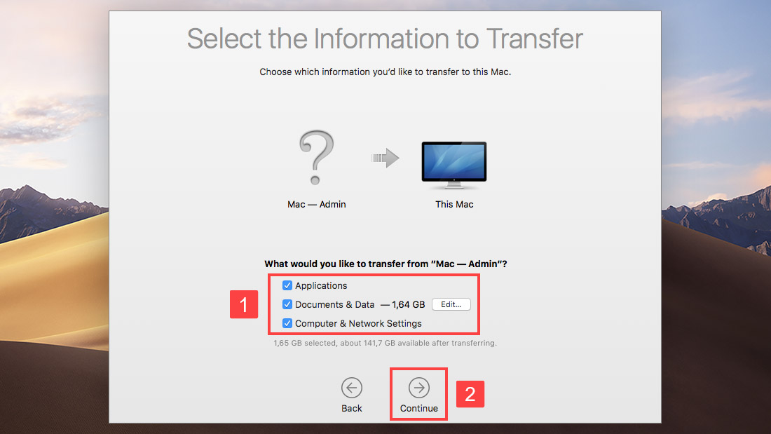 migration assistant select the information to transfer