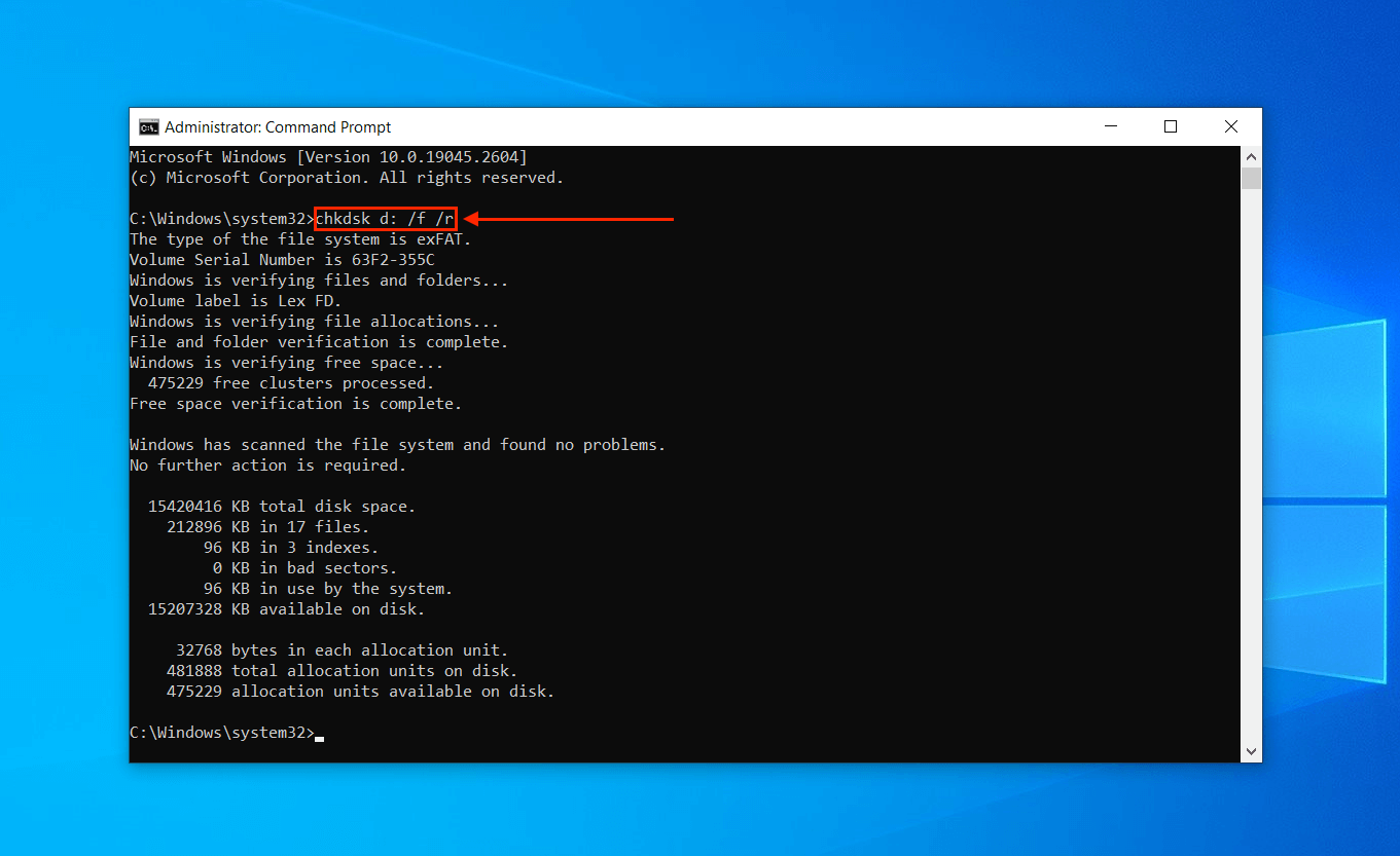 Chkdsk /f /r command in Command Prompt