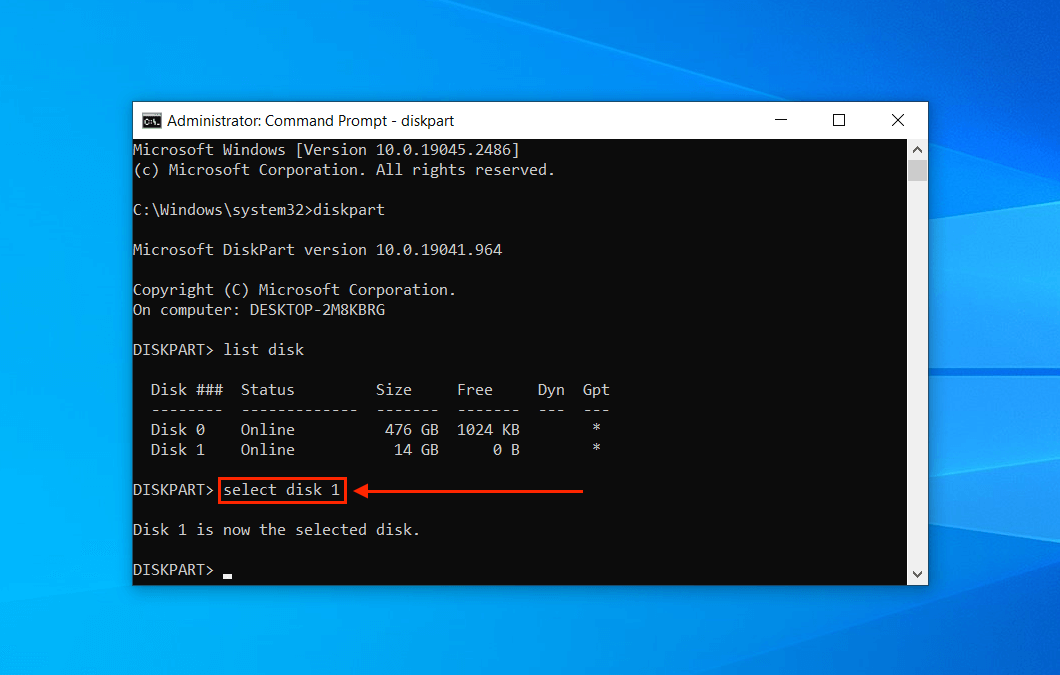 Select Disk command in Command Prompt