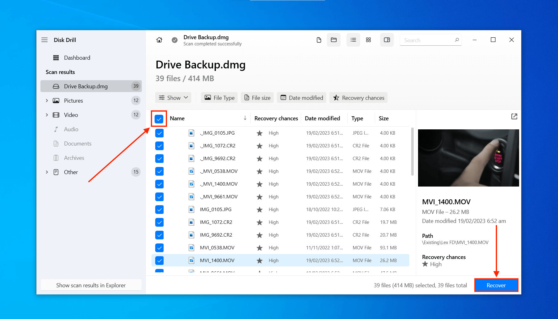 Disk Drill file selection