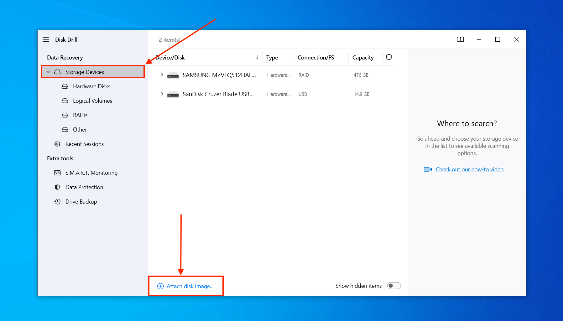 Disk Drill image attachment button