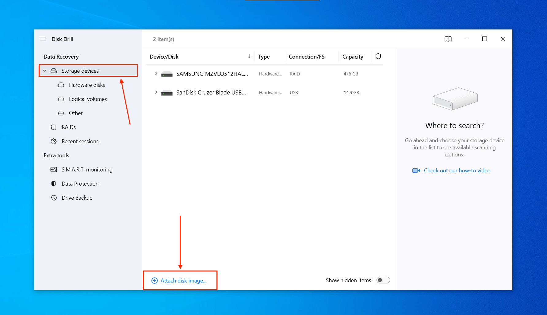 Disk Drill image attachment button