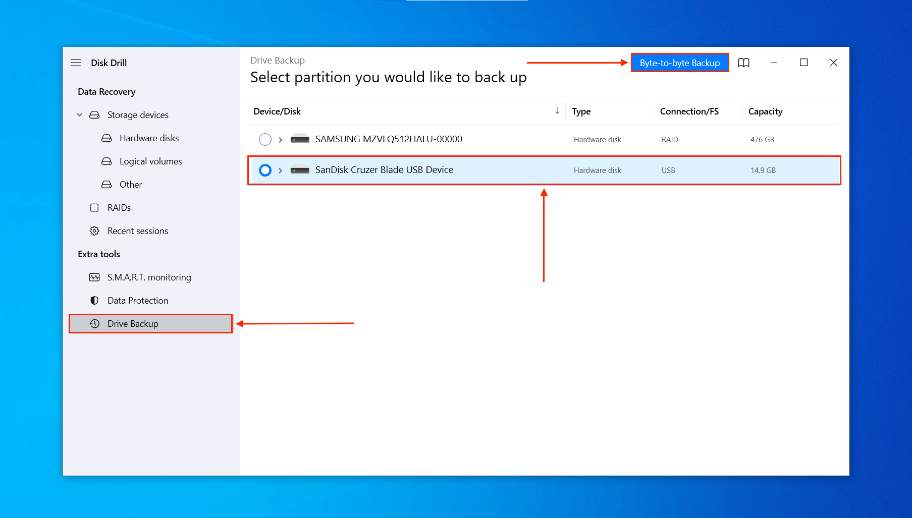 Disk Drill backup creation menu