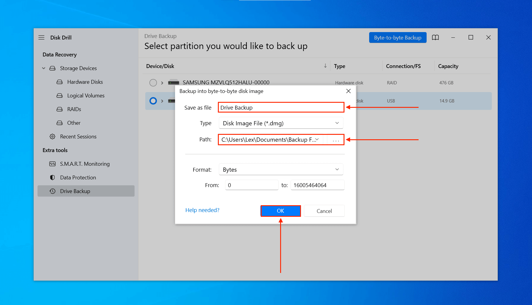 Disk Drill backup creation dialogue