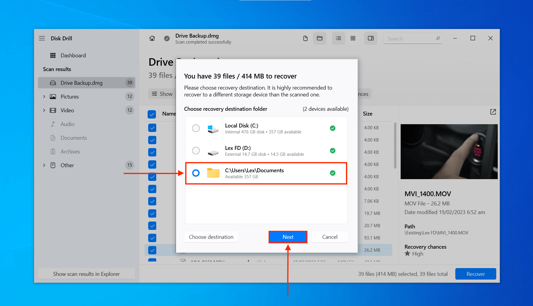 Disk Drill destination selection