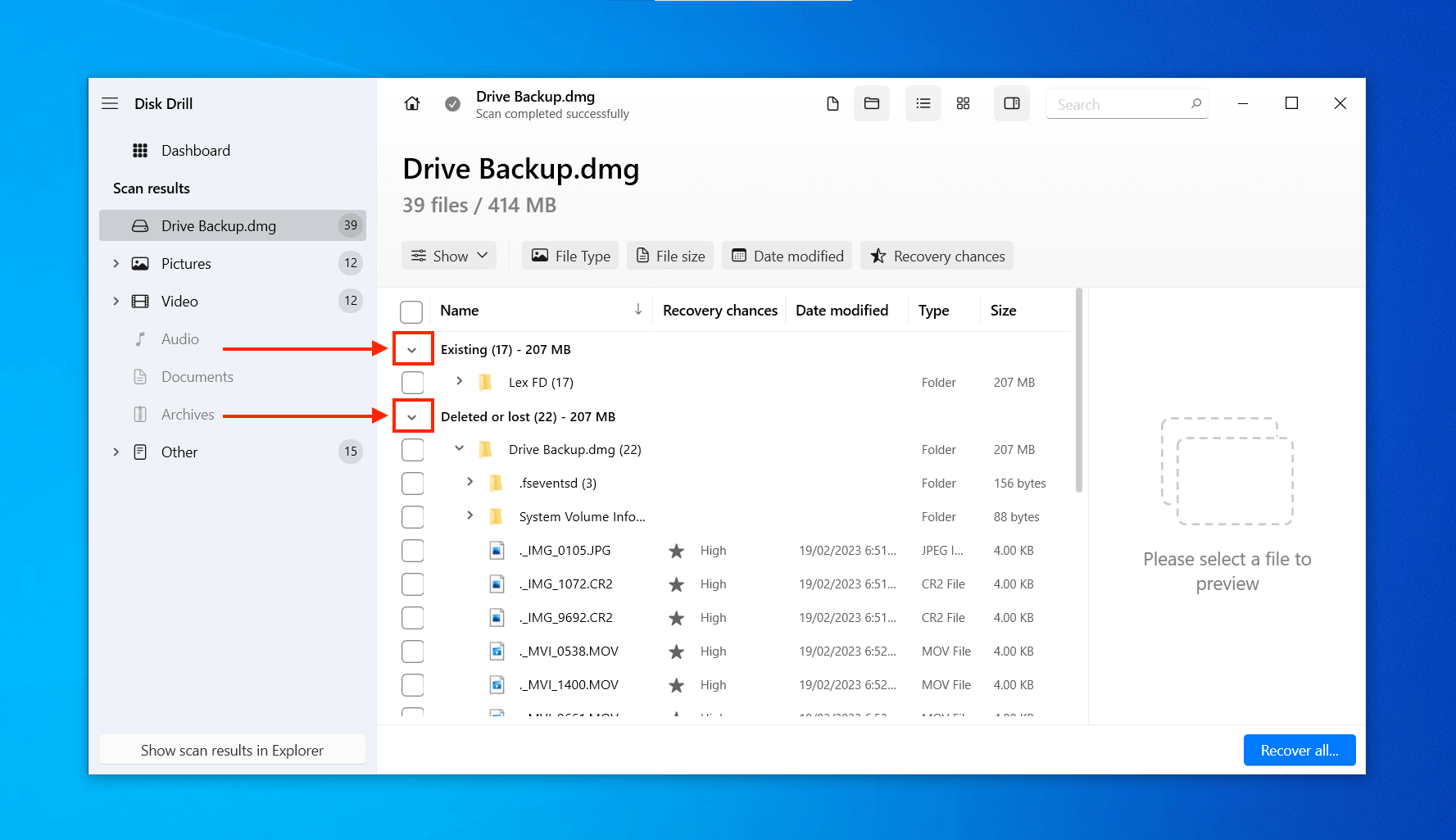 Disk Drill existing and deleted data list