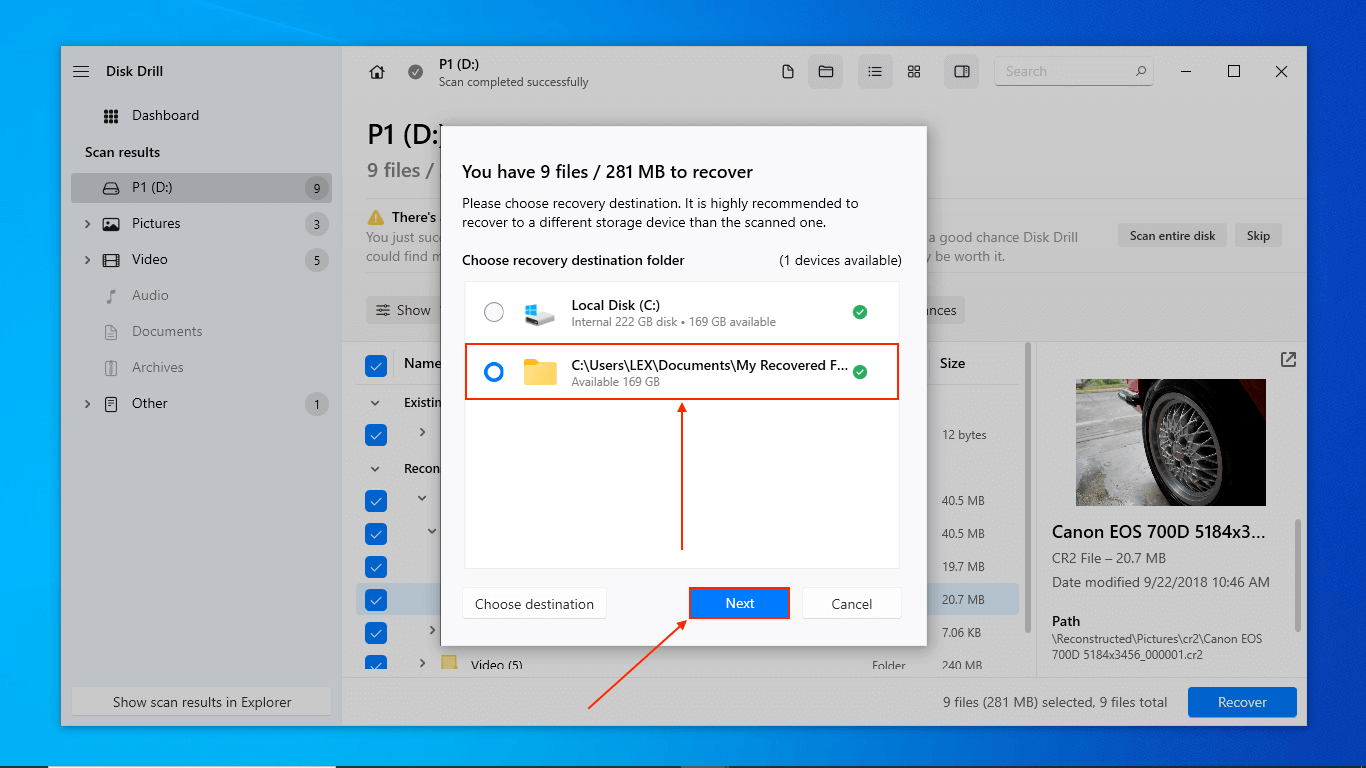 Disk Drill destination selection dialogue