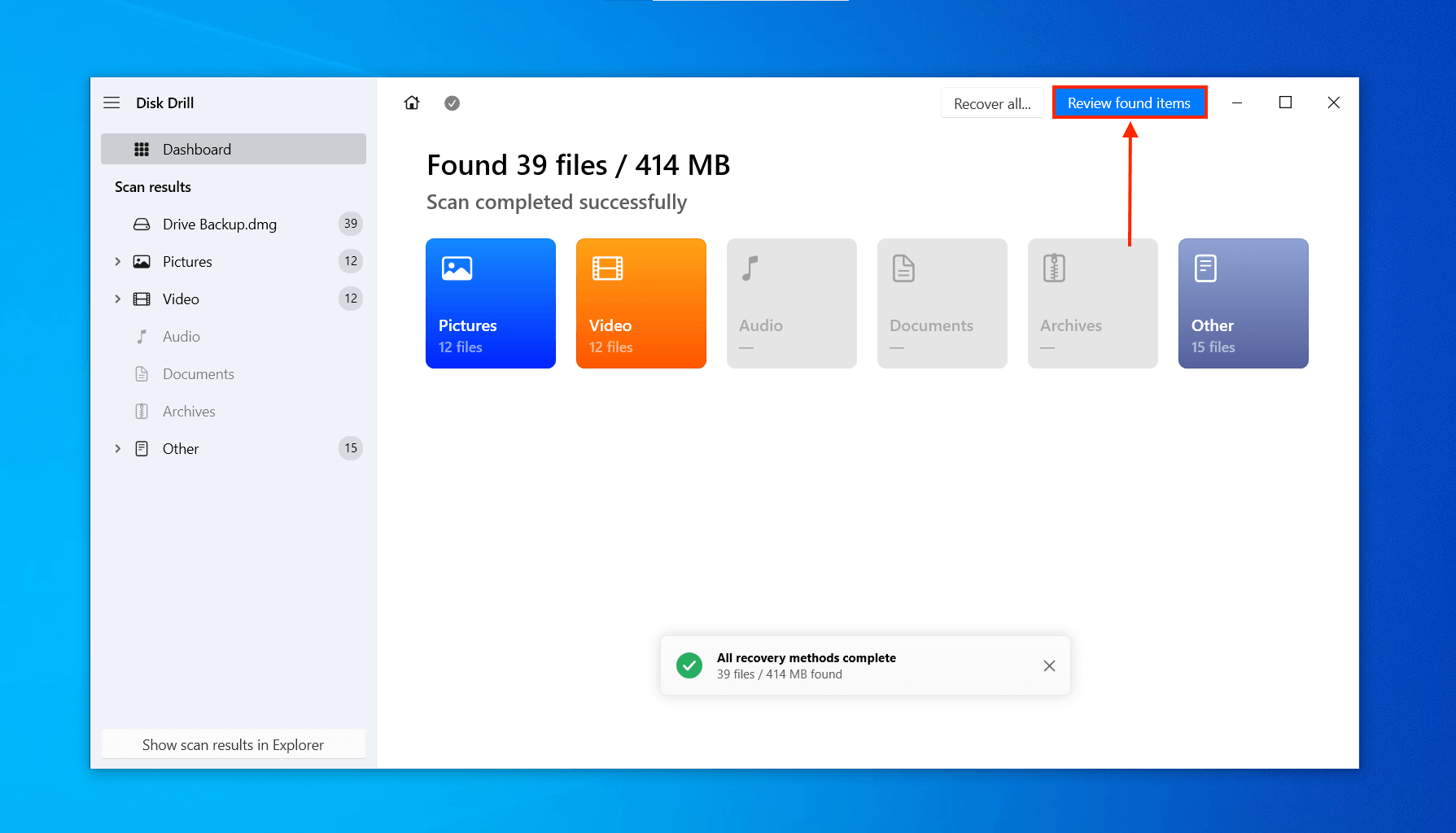 Disk Drill scan complete screen