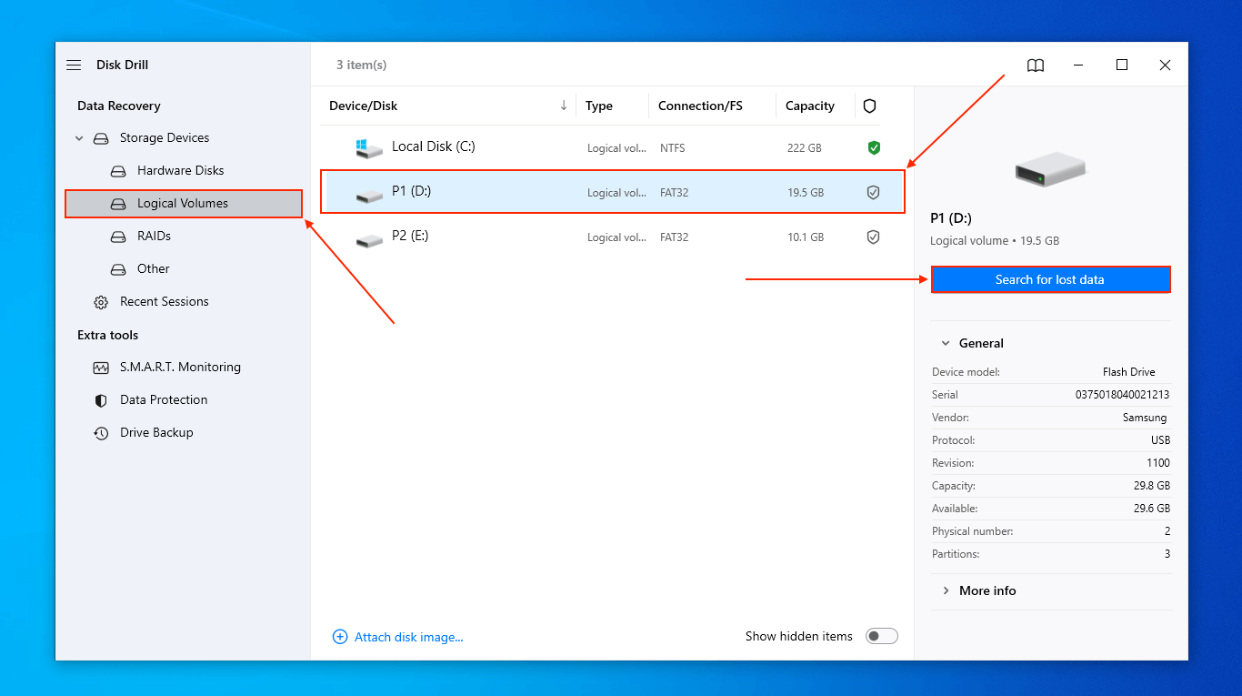 Disk Drill volume selection menu