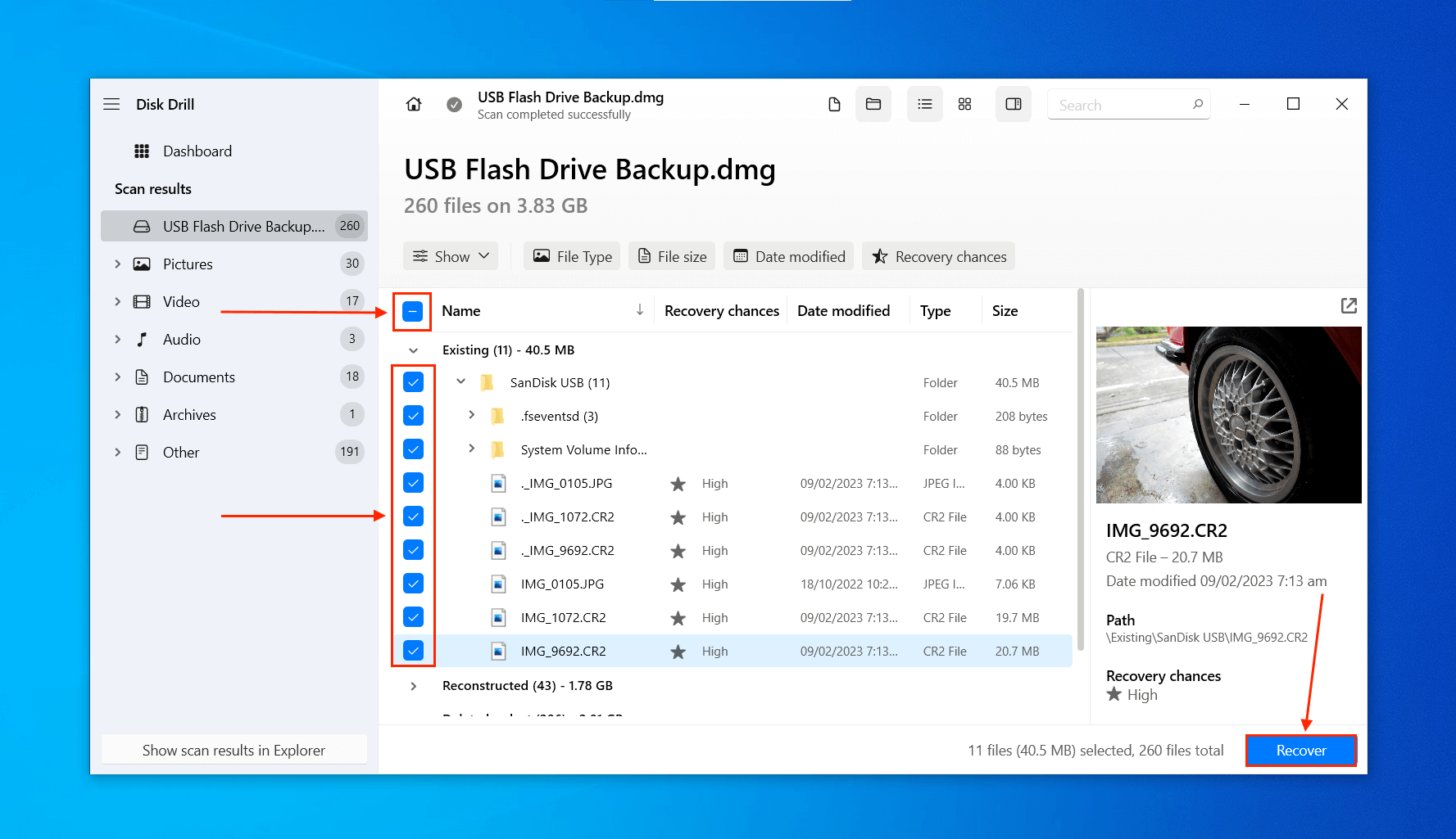 Disk Drill file recovery selection