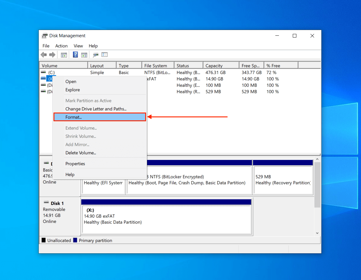 Format button in the Disk Management app