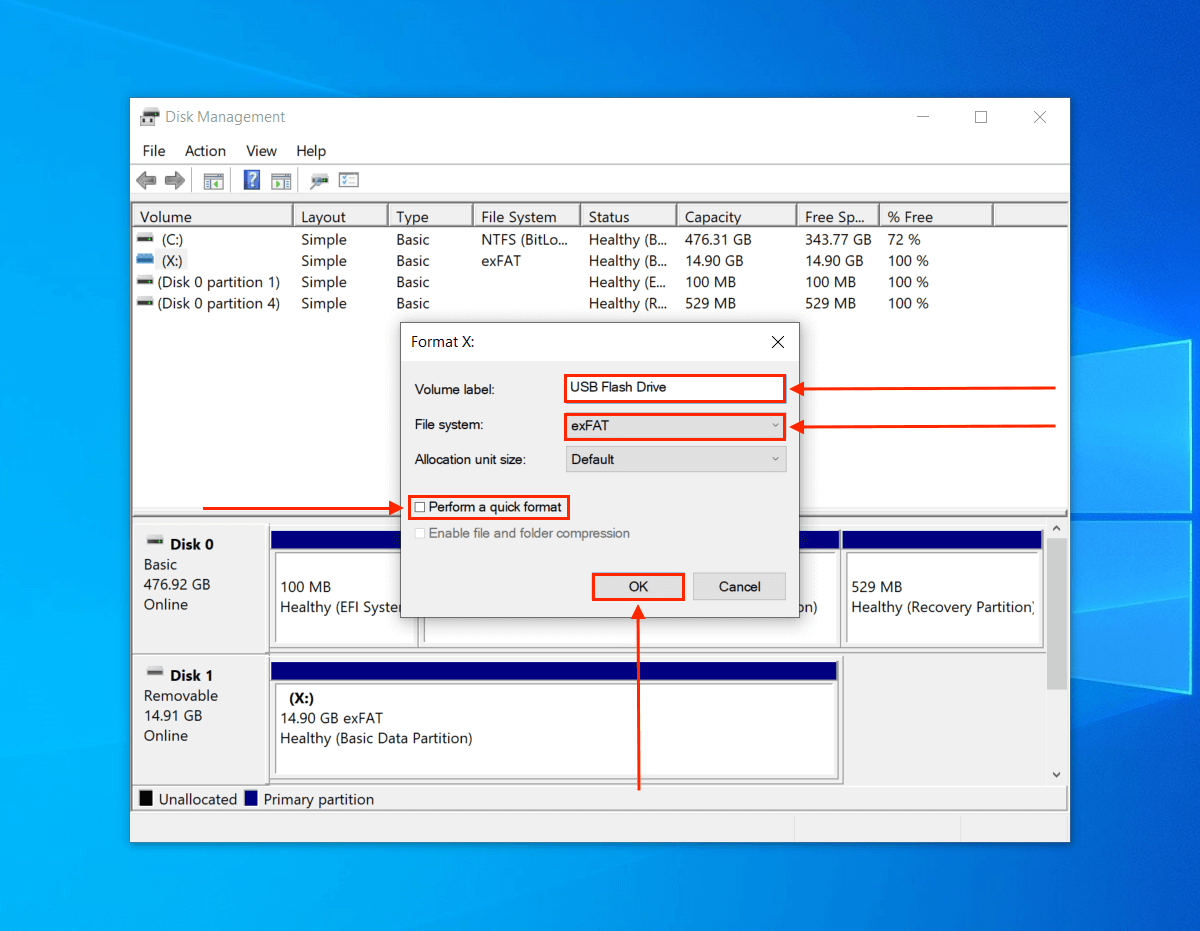 Formatting dialogue in Disk Management