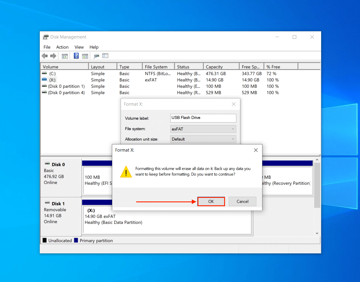 Formatting confirmation in Disk Management