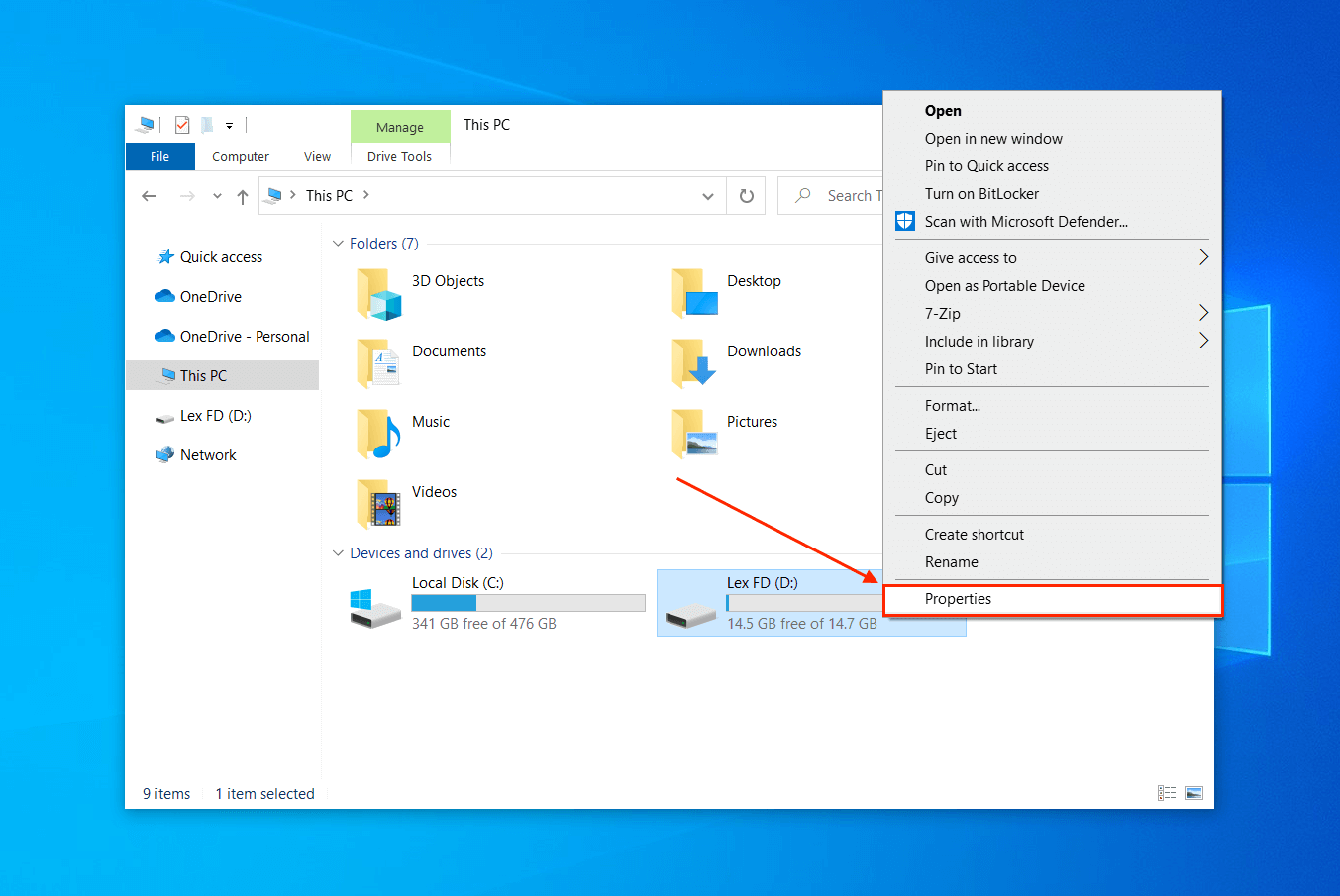 Properties button within the USB right-click menu