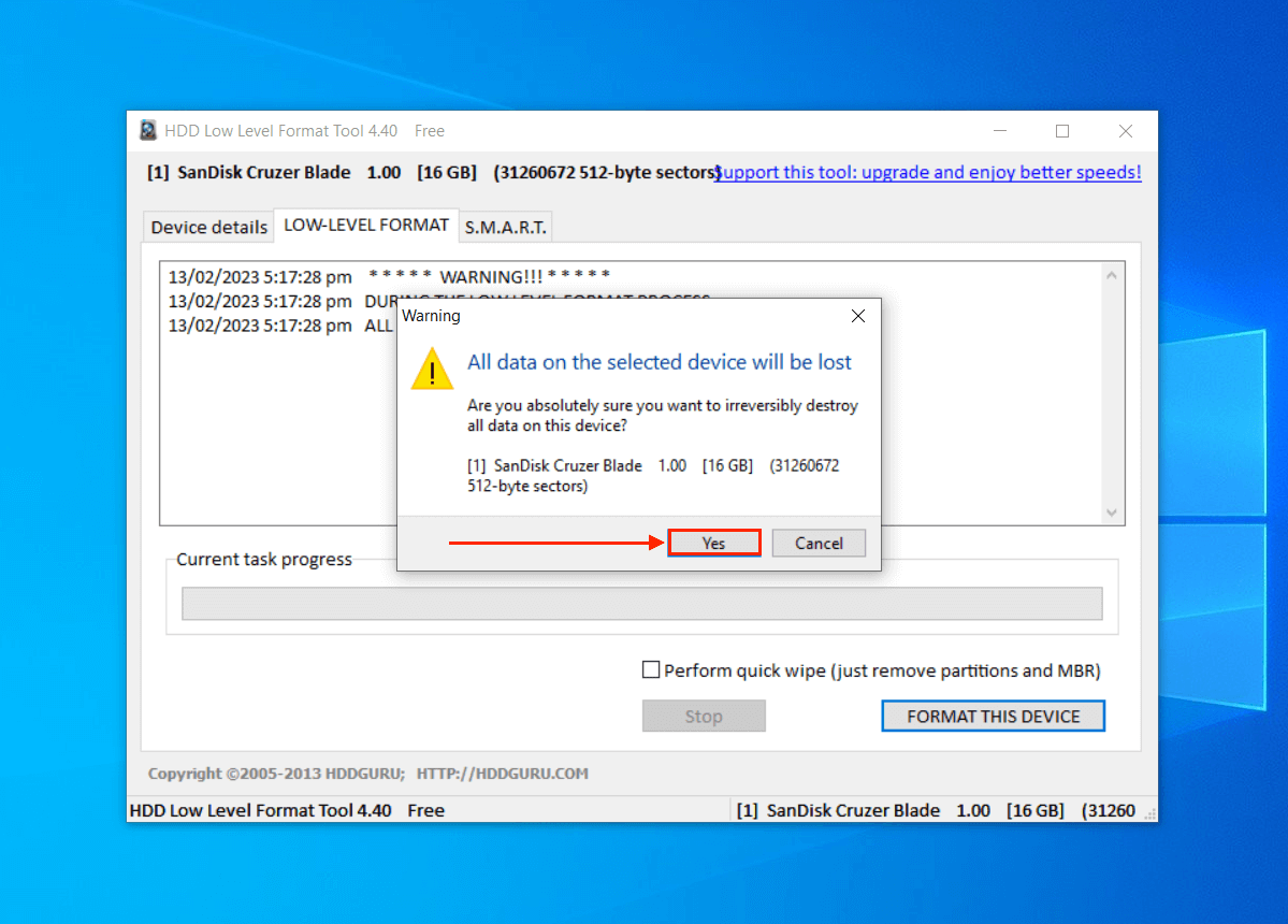 HDD LLF Low Level Format tool confirm button