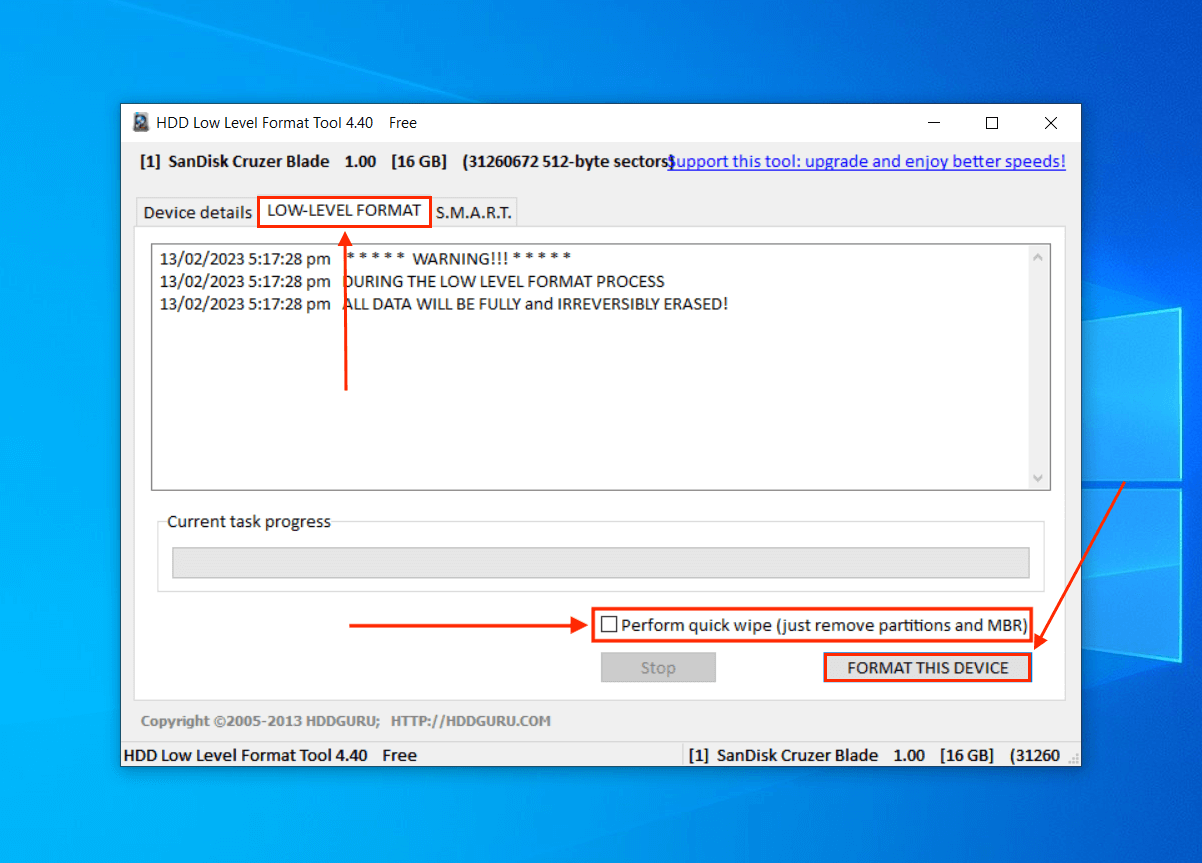 HDD LLF Low Level Format Tool format button