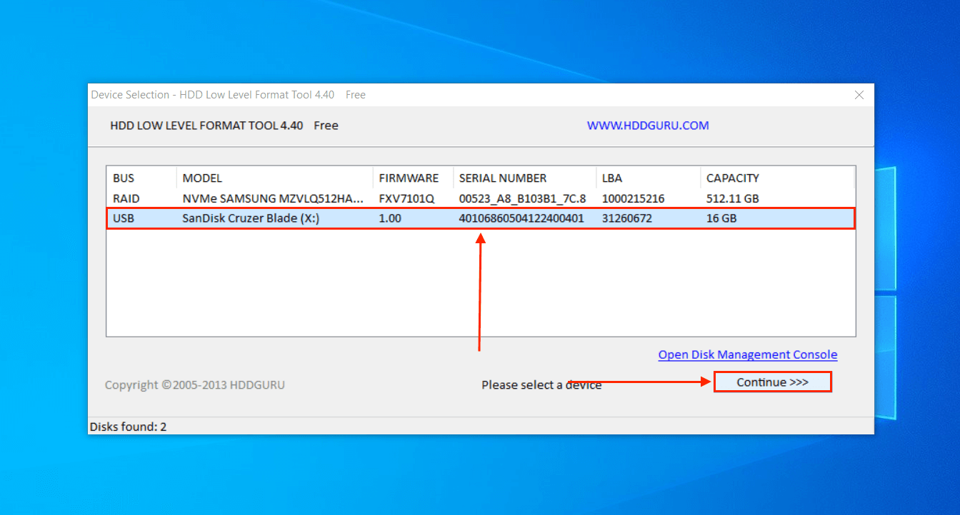 HDD LLF Low Level Format Tool drive selection menu