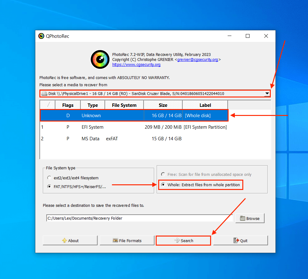 PhotoRec scan setup