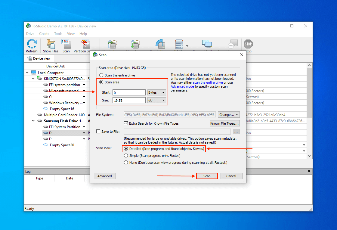 R-Studio partition scan settings