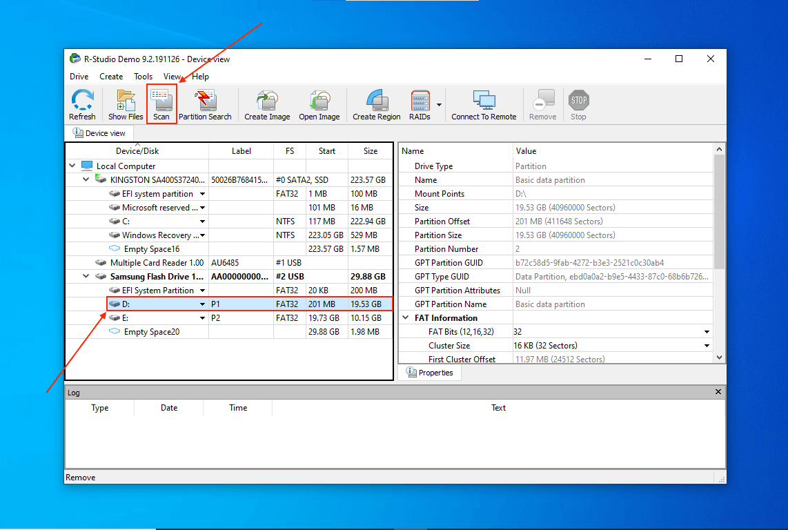 R-Studio partition selection menu and scan button