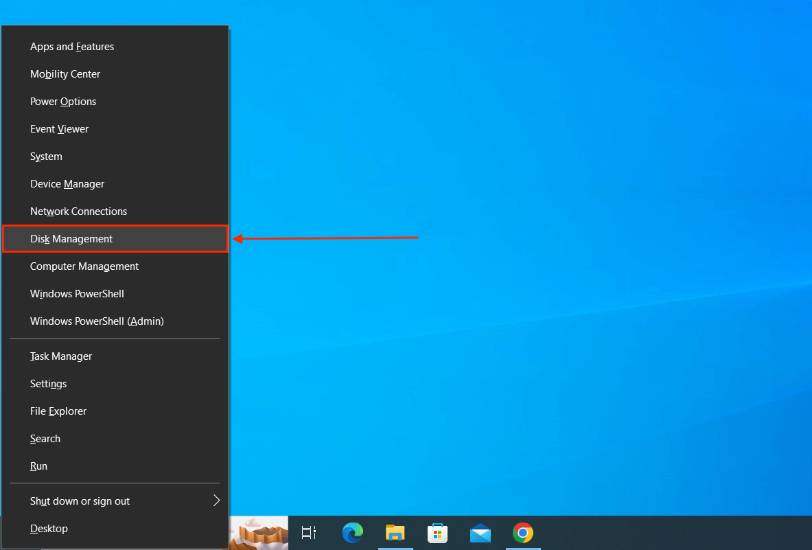 Disk Management in Windows quick menu