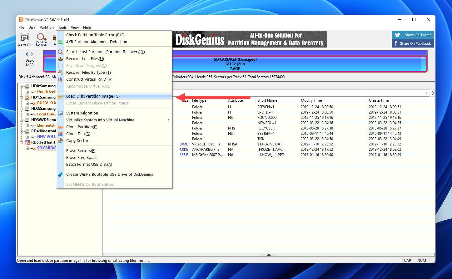 diskgenius load sd card disk image
