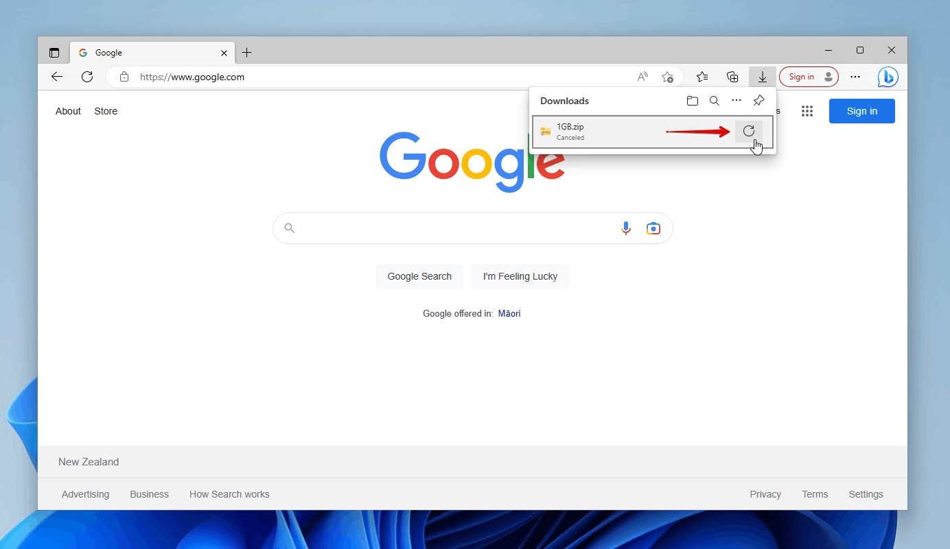 Retrying the download in Edge.