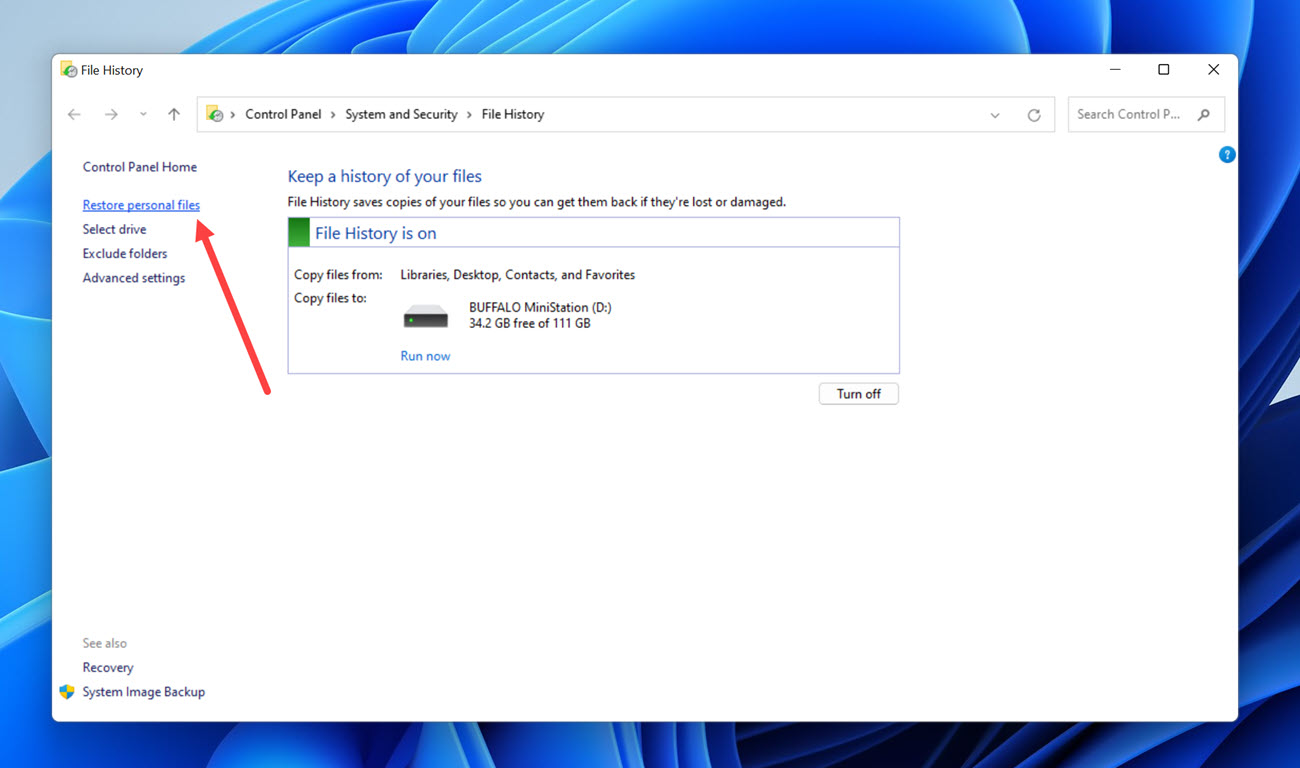 file history restore personal files