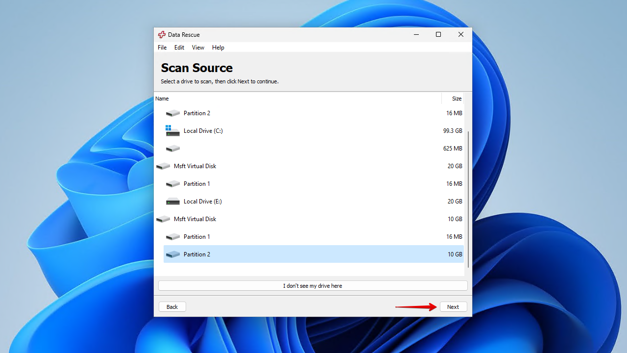 Selecting the RAW partition to scan.