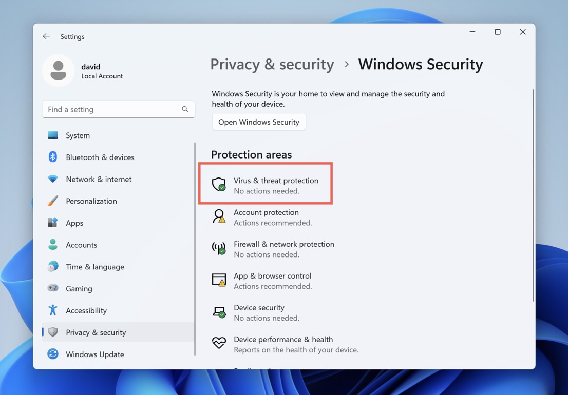 viruses and threat protection option