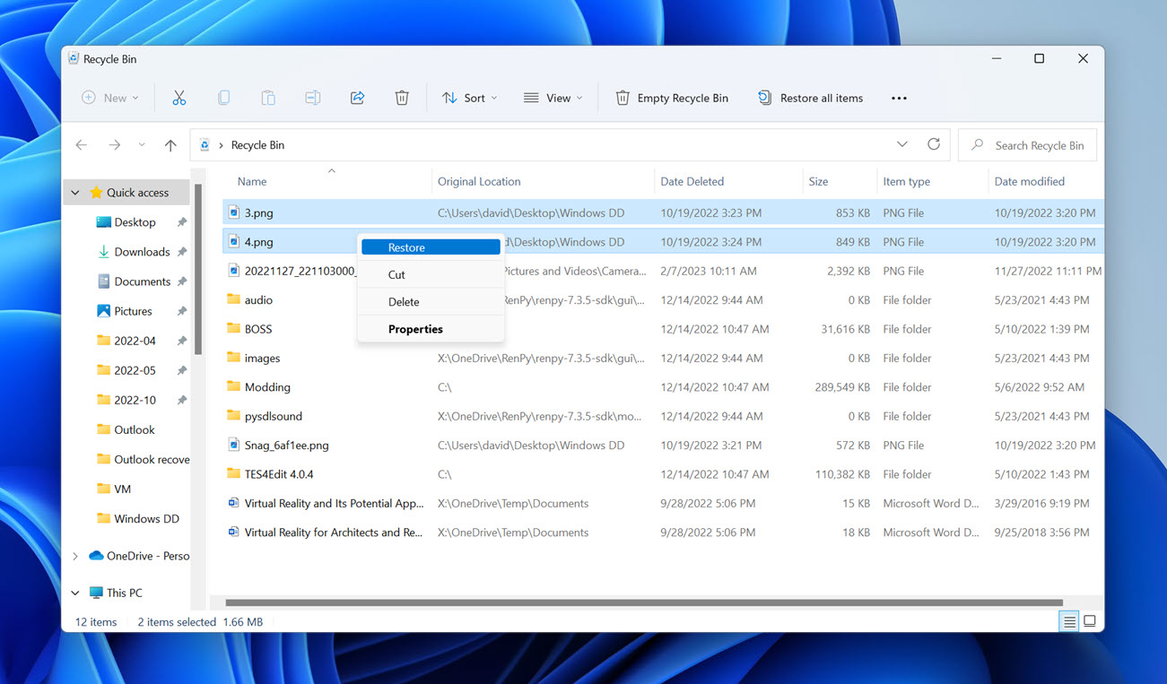 windows recycle bin recovery desktop files