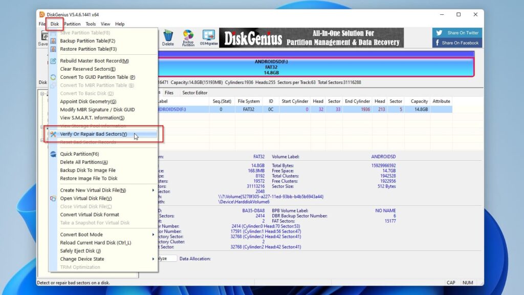 DiskGenius Menu Disk Verify Or Repair Bad Sectors