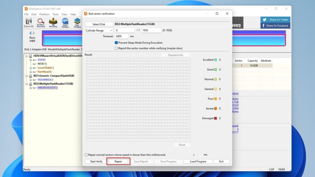 DiskGenius Scanning SD Card for Bad Sectors