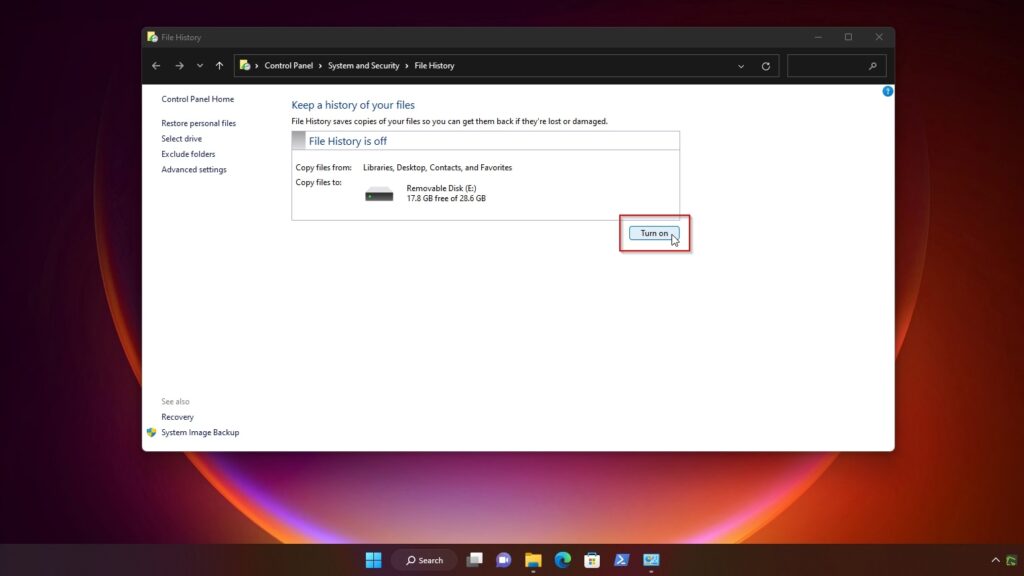 File History Turn On