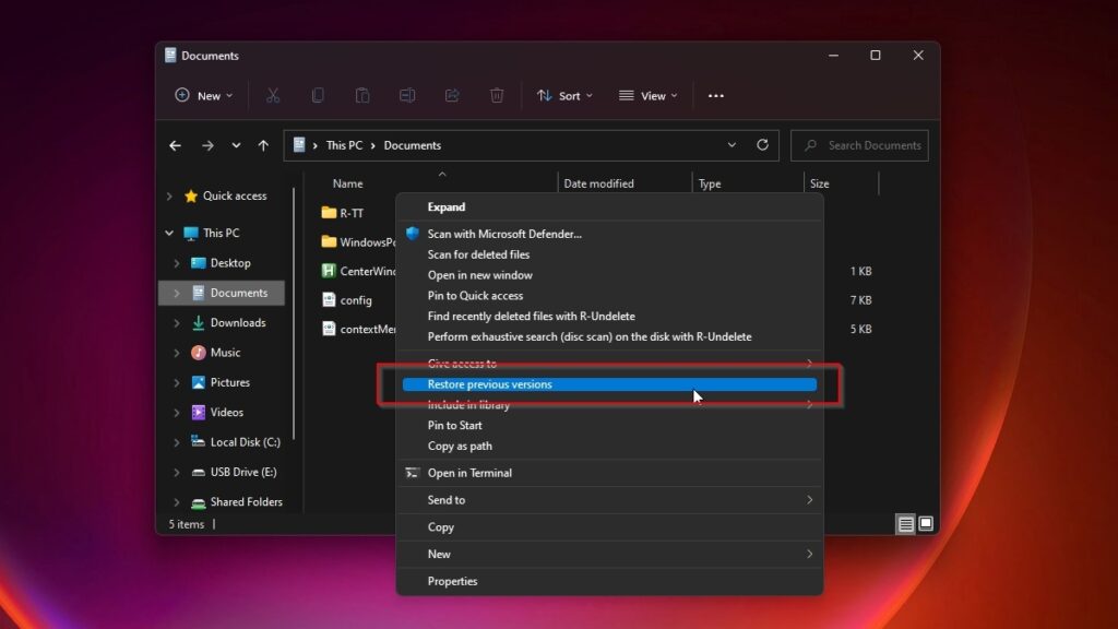 Windows File Explorer Right Click Restore Previous Versions