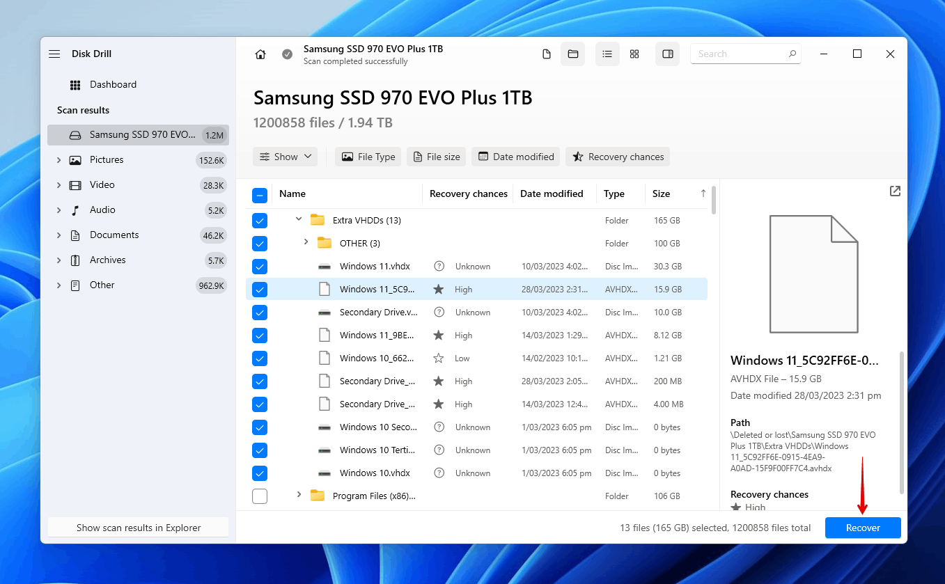 Selecting what to recover from the formatted SSD.