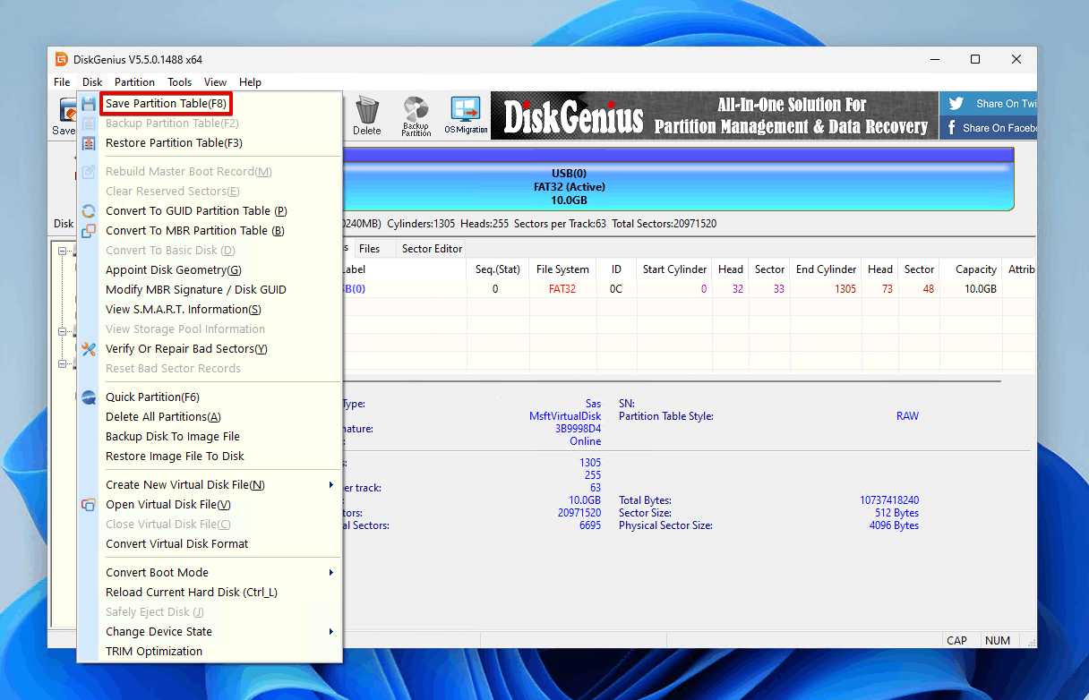 Saving the partition table.