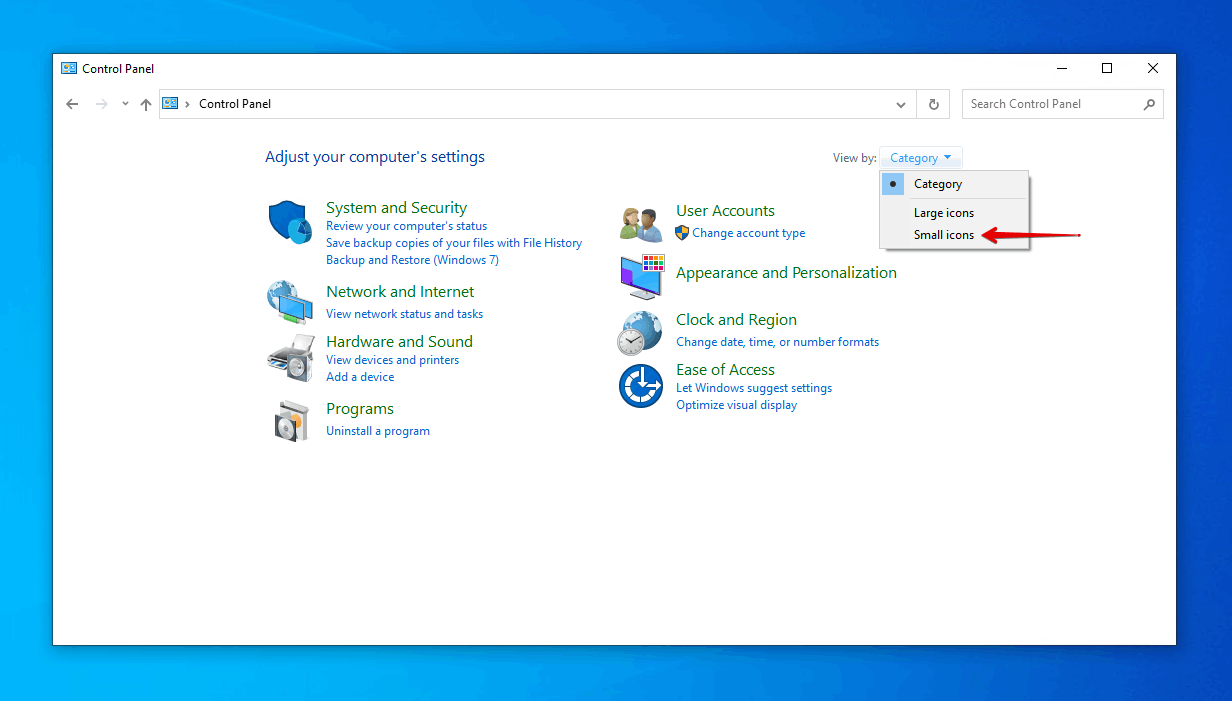 Changing the Control Panel view to 'Small Icons'.