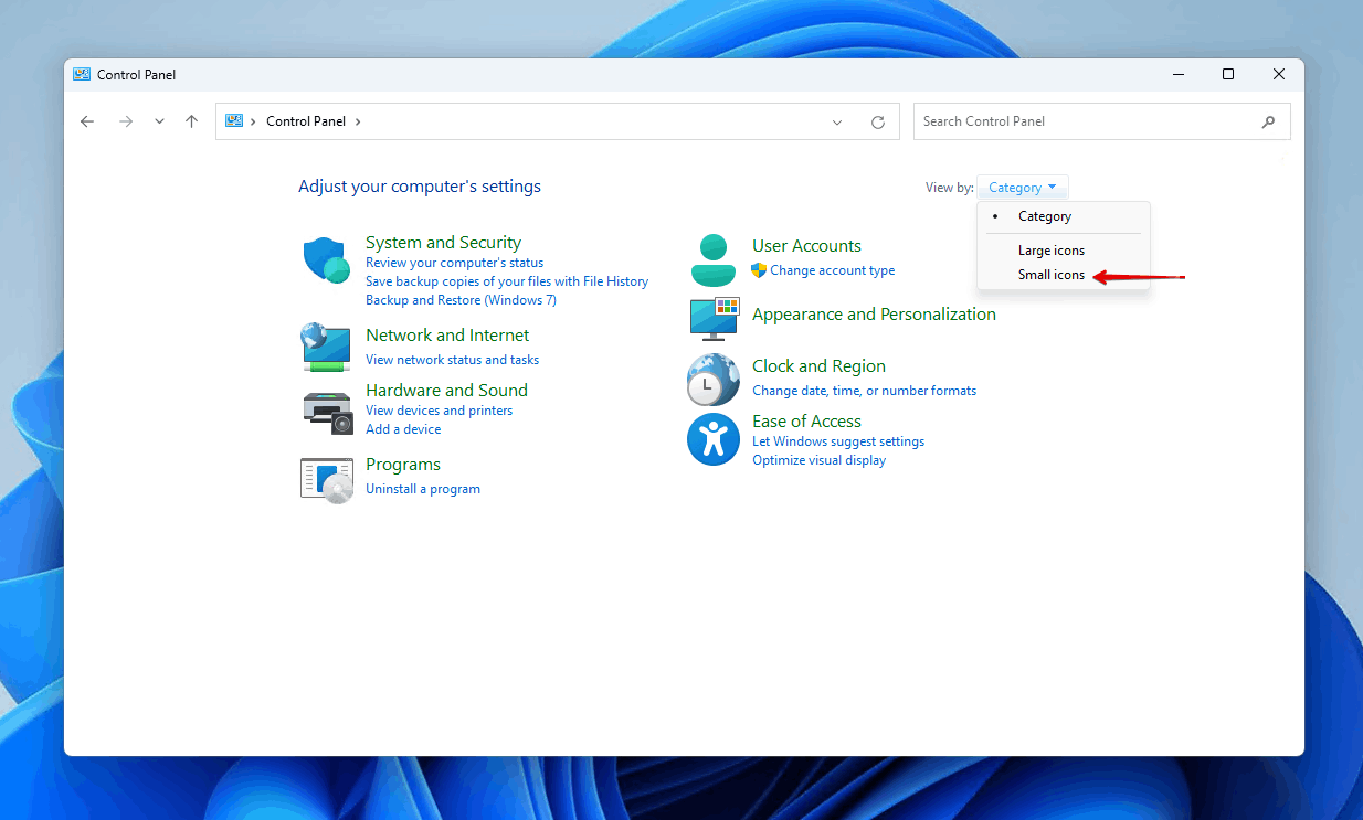 Changing the Control Panel view to 'Small Icons'.