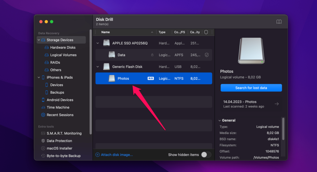 select your usb flash drive in disk drill on mac