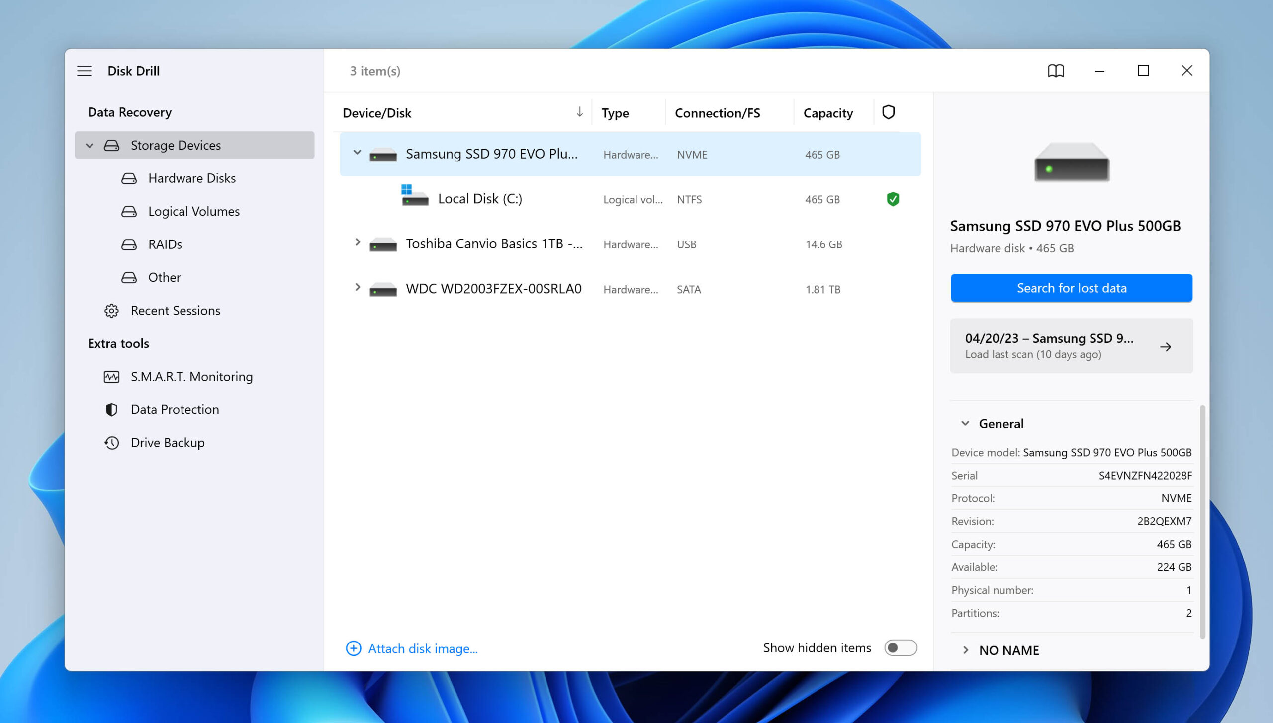 select NVME drive and start scan