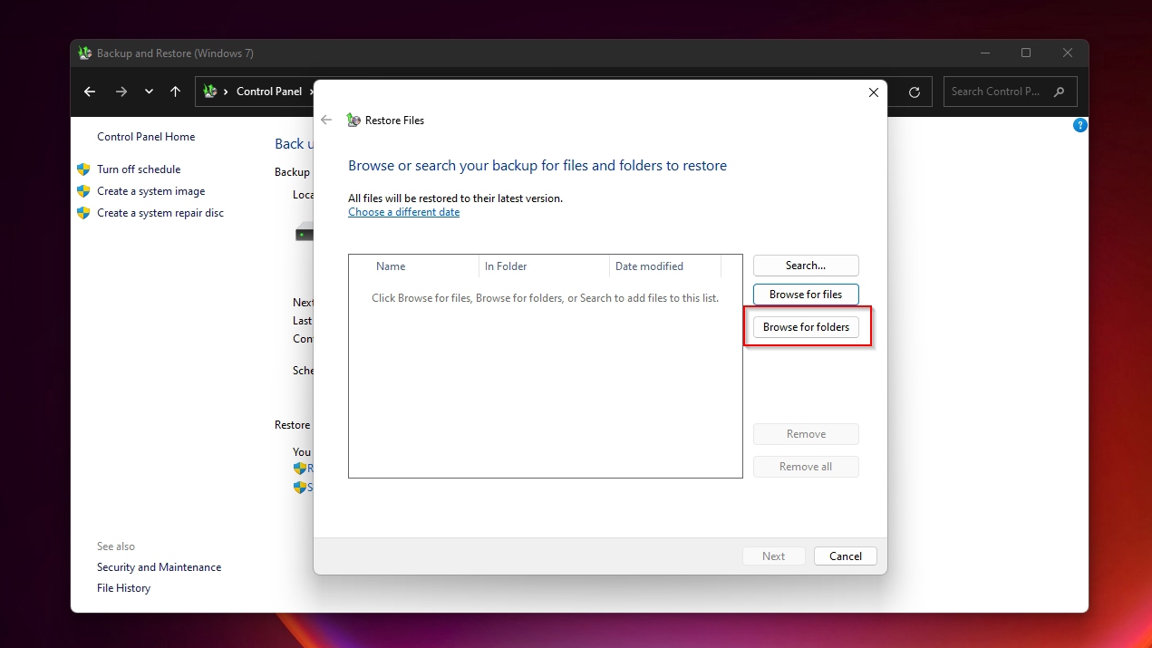 Control Panel Backup And Restore Windows 7 Browse For Folders